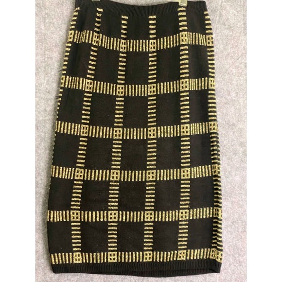 Black Gold Knit Bodycon Skirt Metallic Stretch Holiday Party Event Wear - Picture 1 of 9
